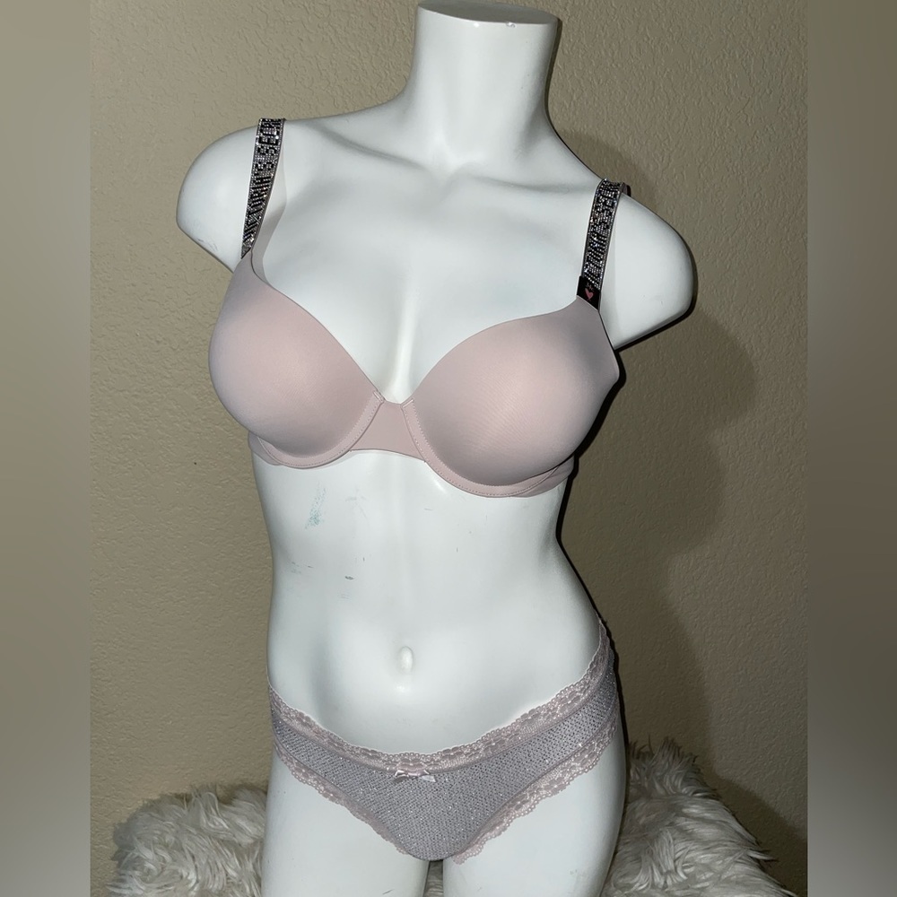 Victoria Secret Shine Strap Bra VS Taupe Shine Strap Rhinestone Panty Set 🆕 🪩